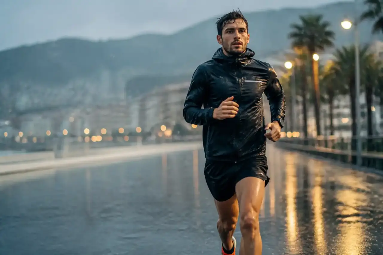 Coureur de semi-marathon sous la pluie analysant ses données de performance sur montre connectée