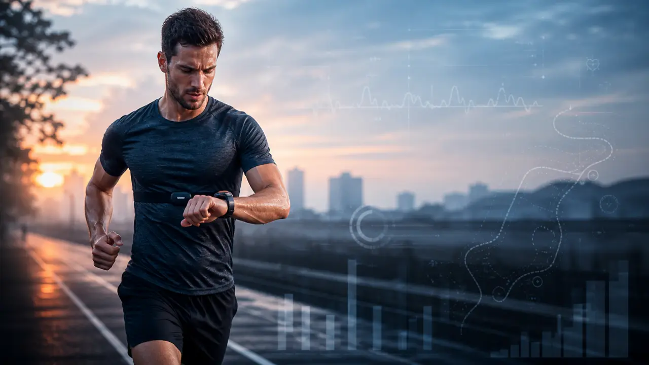 Athlète en sprint avec données cardiaques et interface connectée