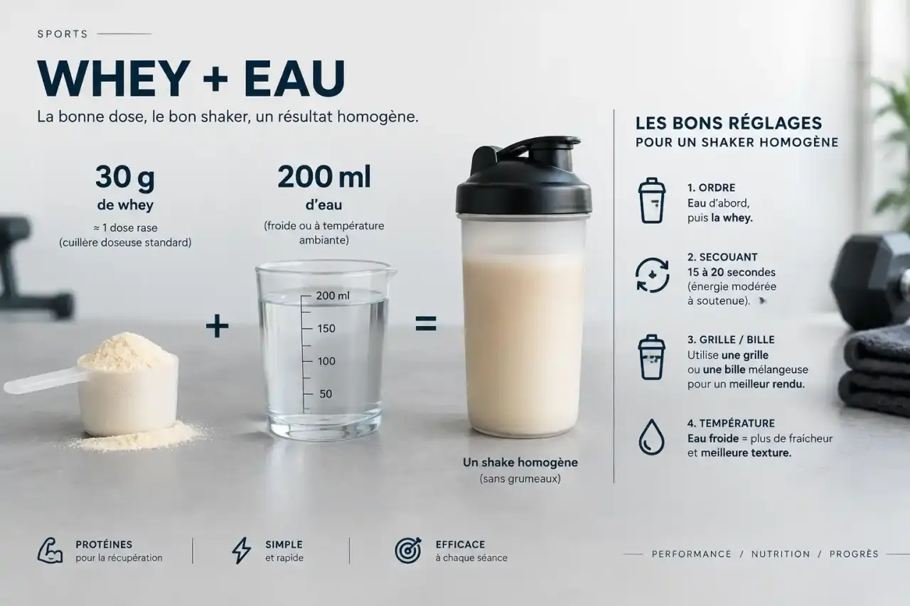 Dosage whey eau : 30 g, 200 ml et les bons réglages pour un shaker homogène