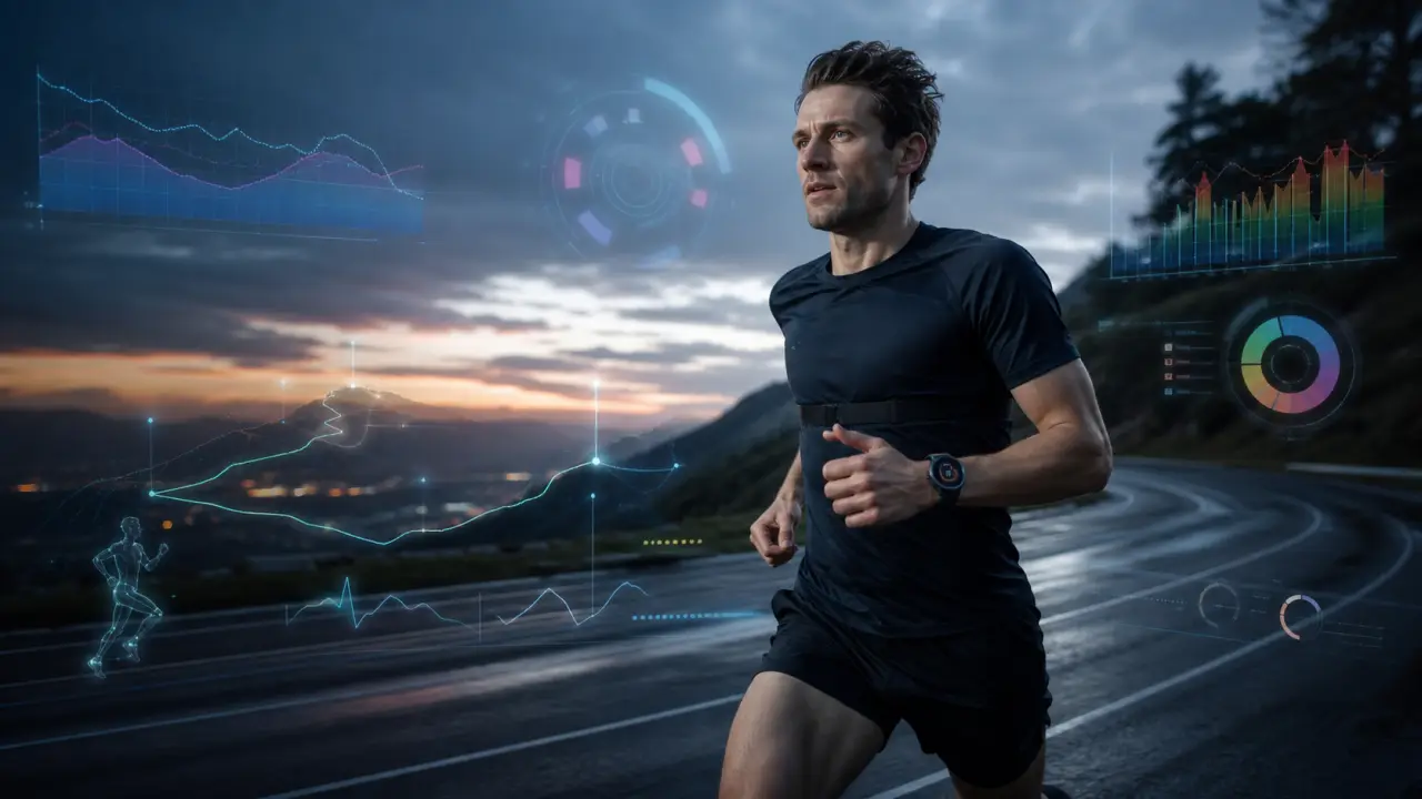 Athlète en sprint avec interface de données sportives en surimpression