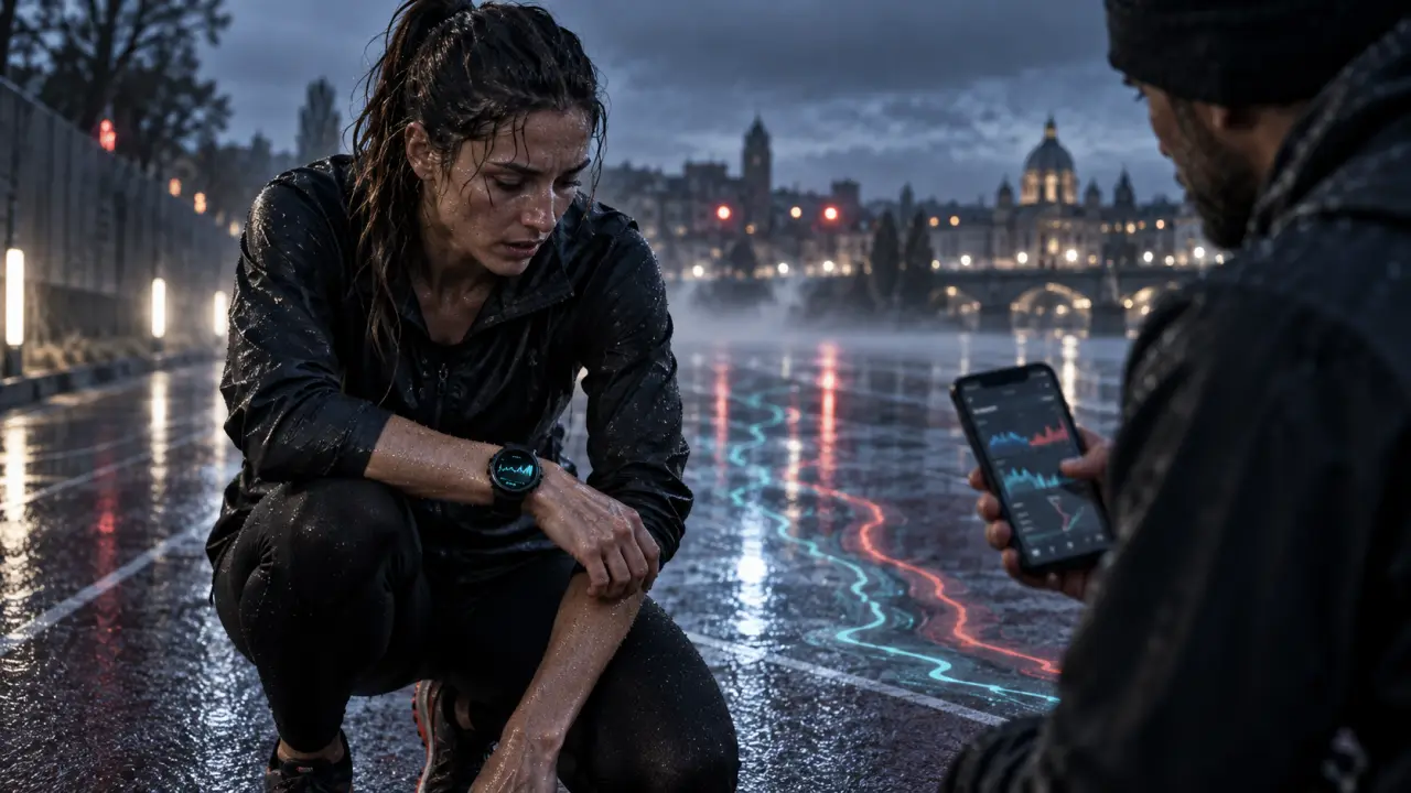 Athlète analysant sa charge d’entraînement sur une montre connectée