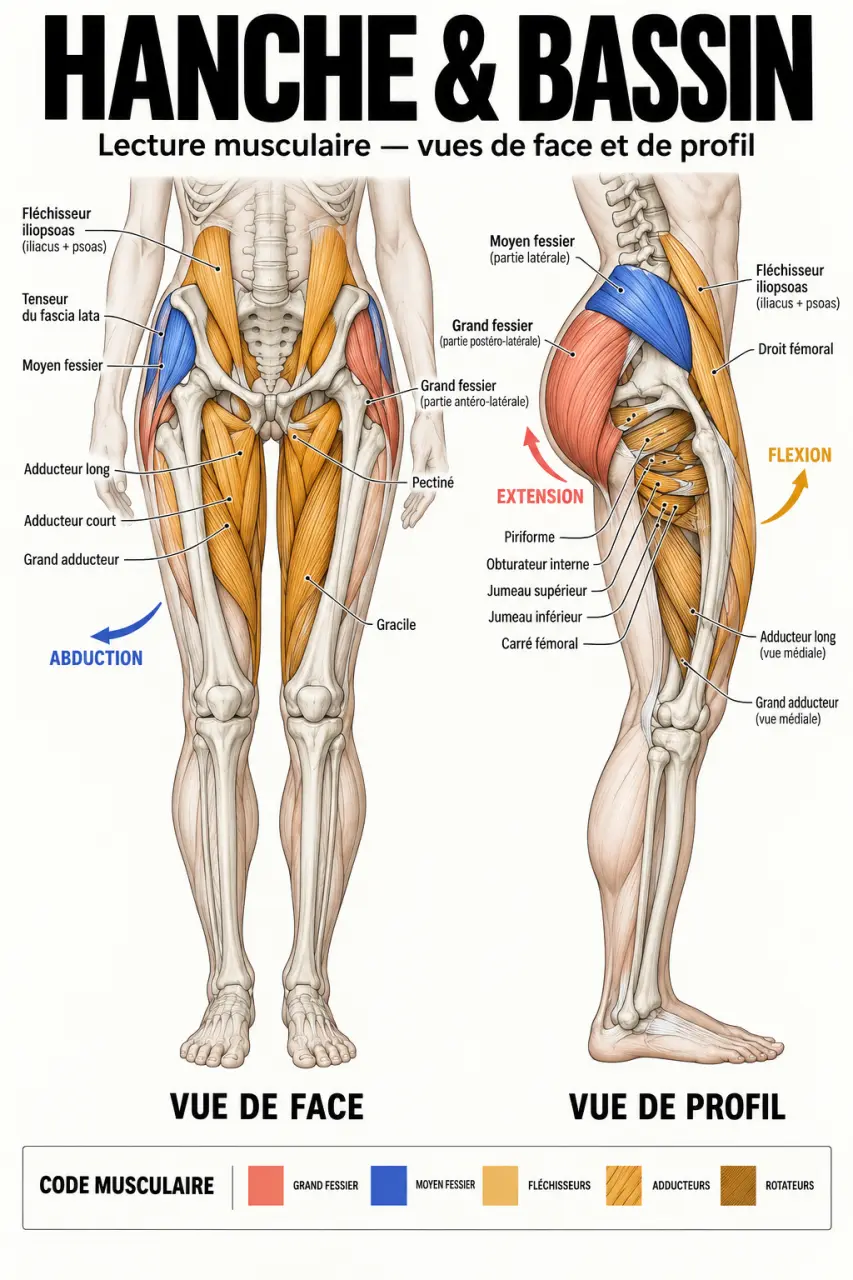 Schéma anatomique pour comprendre le renforcement musculaire hanche et les principaux muscles sollicités