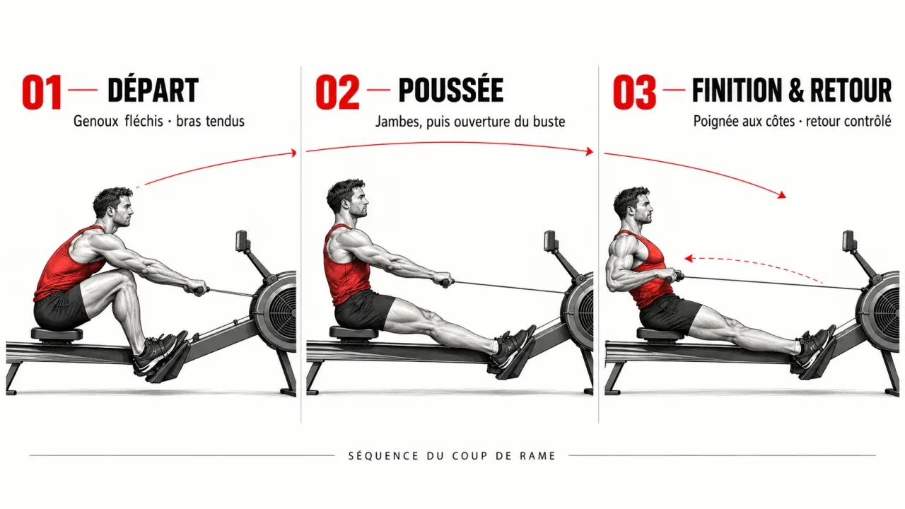 Entraînement rameur : illustration des phases jambes, buste et bras du mouvement
