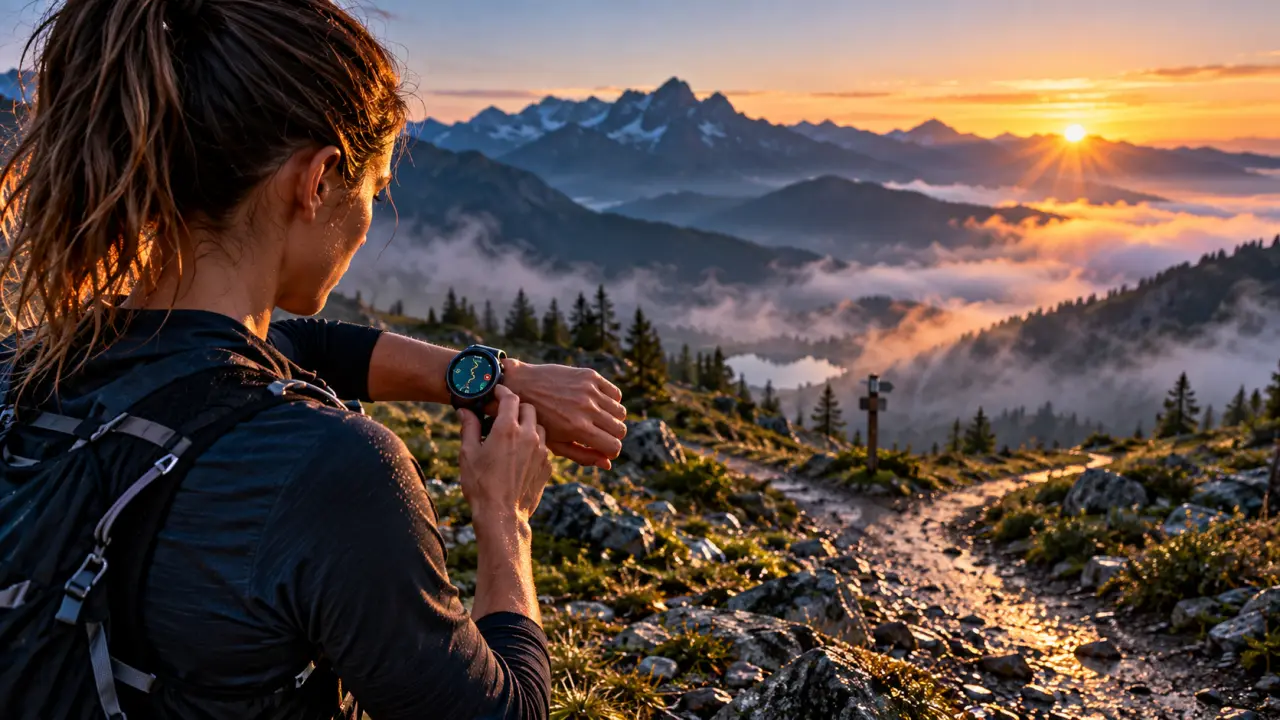 Athlète consultant une montre GPS avant une sortie sportive