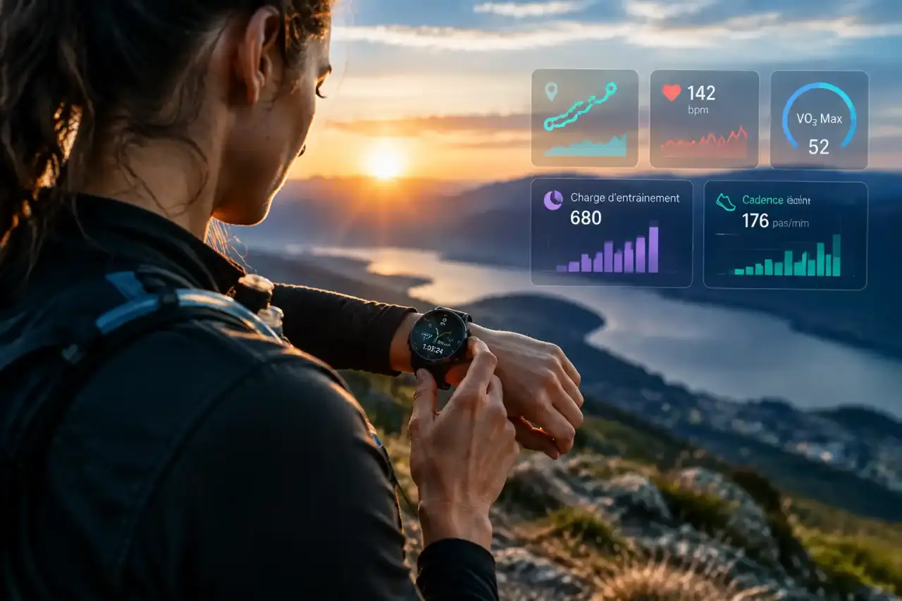Athlète consultant les données de performance sur une montre GPS