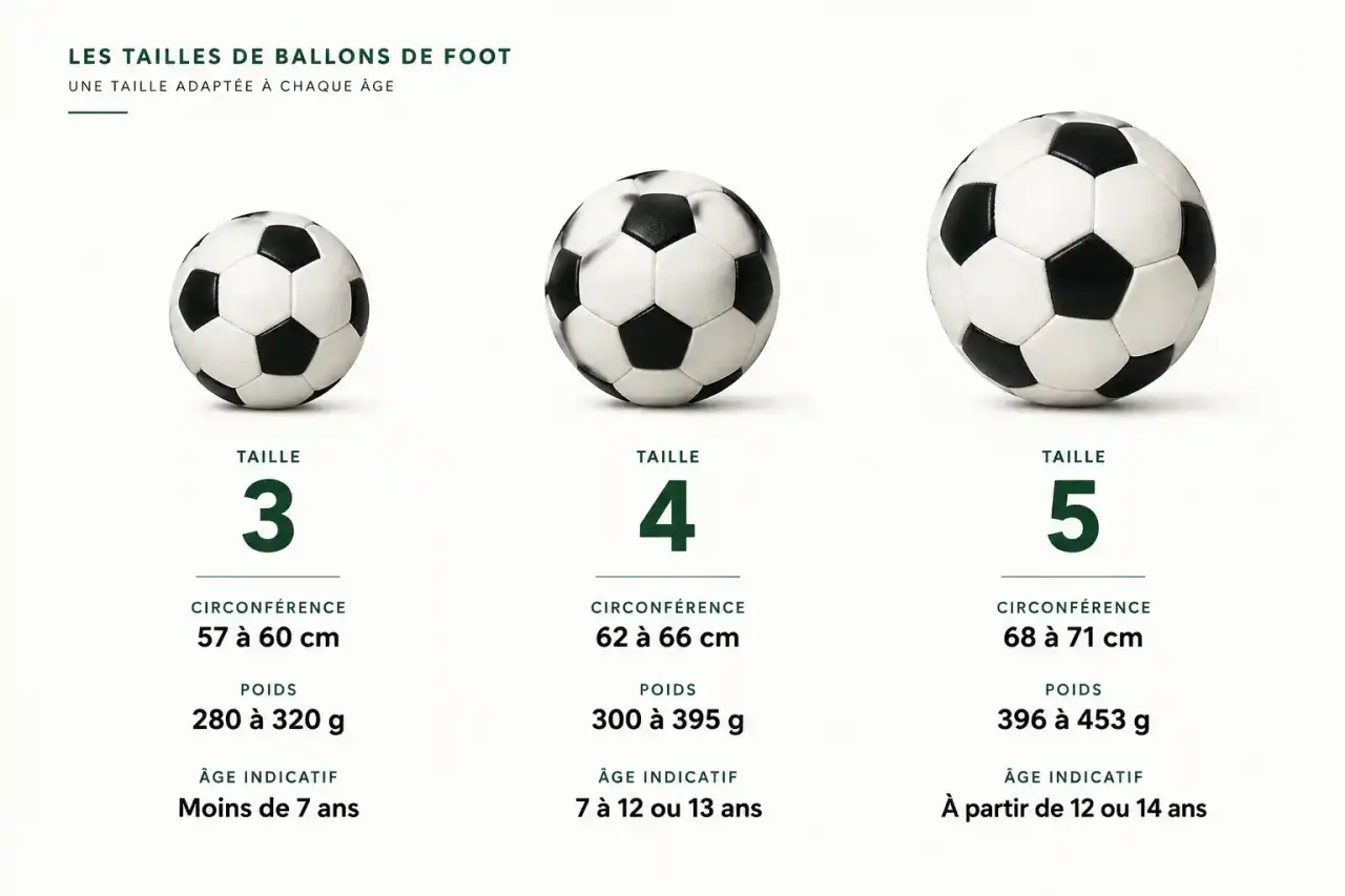 Comparaison visuelle de la taille du ballon de foot : tailles 3, 4 et 5 avec circonférence, poids et âge indicatif