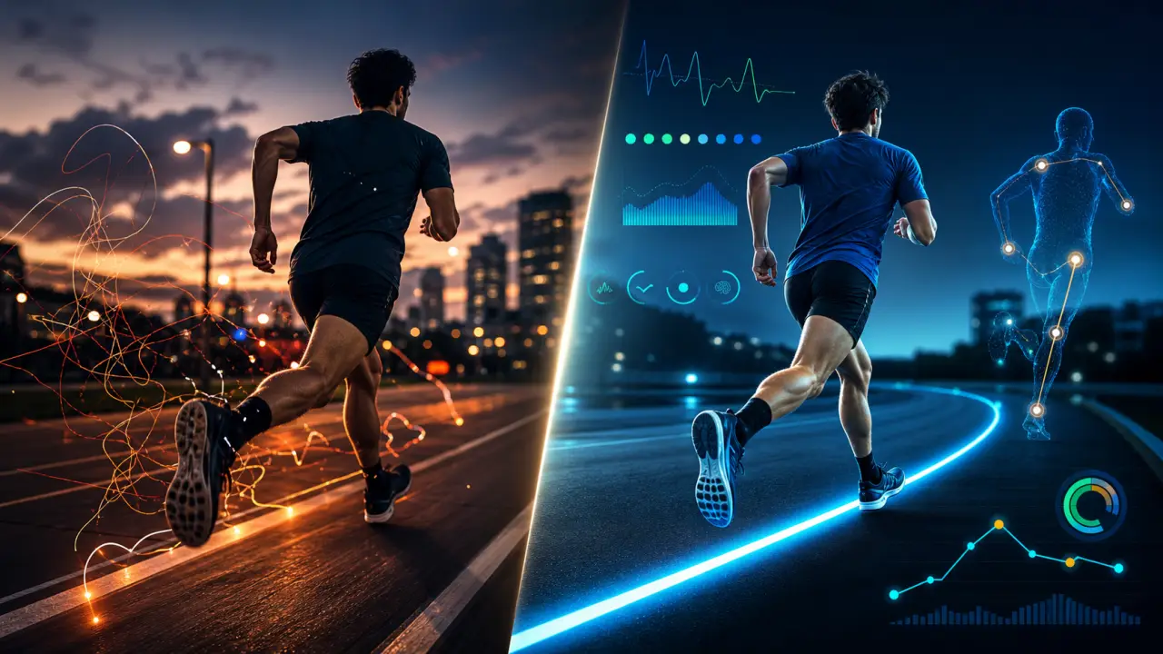 Athlète en sprint avec interfaces de données sportives néon