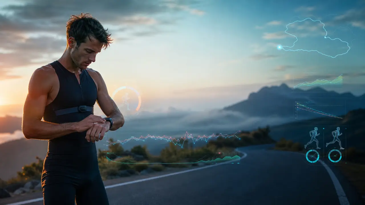 Athlète en sprint entouré d'interfaces de données sportives futuristes