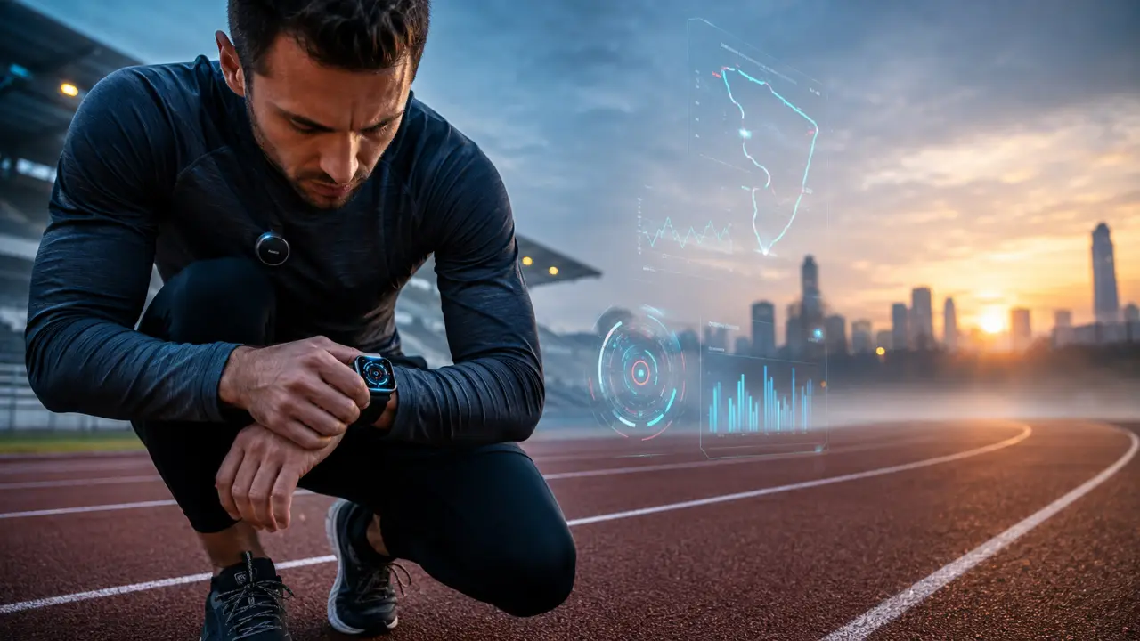 Athlète en sprint sur piste sombre avec surimpression de données de performance