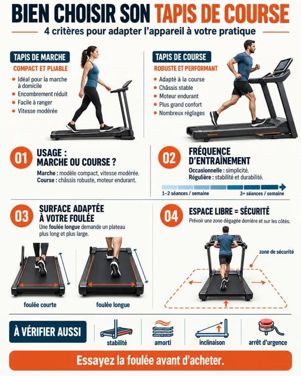 Infographie pour savoir comment choisir un tapis de course selon l'usage, la foulée et l'espace disponible