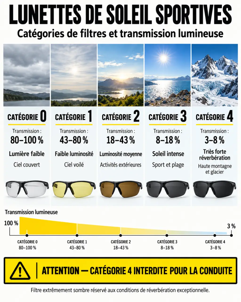 Infographie des catégories de verres pour choisir des lunettes de soleil sportives selon la luminosité