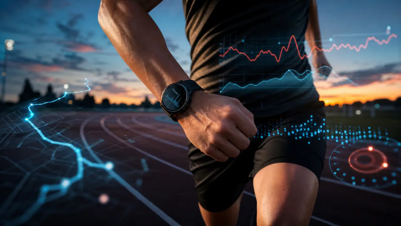 Athlète sprintant sur une piste sombre avec des données sportives holographiques autour de lui