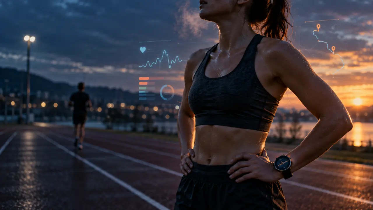 Athlète courant sur une piste avec des données de VO2 Max en surimpression