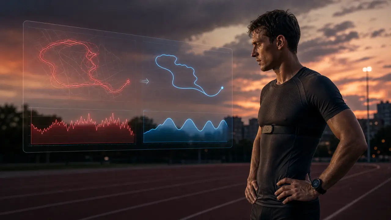 Athlète en pleine séance avec données GPS et cardio en surimpression