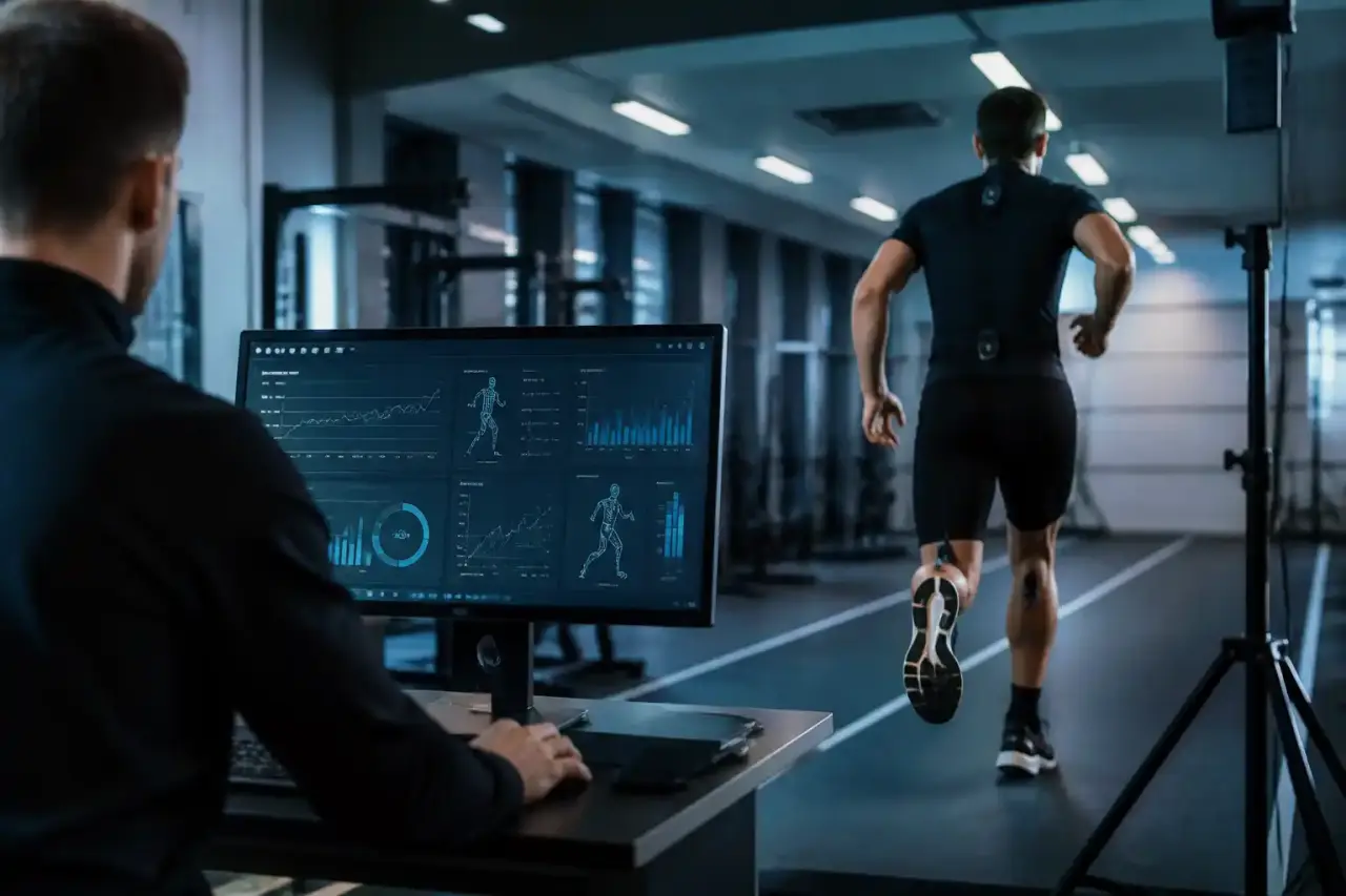 Athlète sprintant sous des interfaces de données sportives holographiques