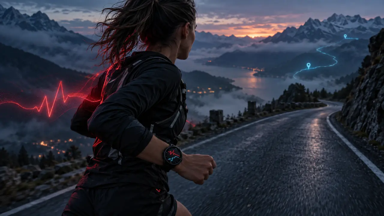 Athlète analysant ses données GPS et sa fréquence cardiaque après un entraînement